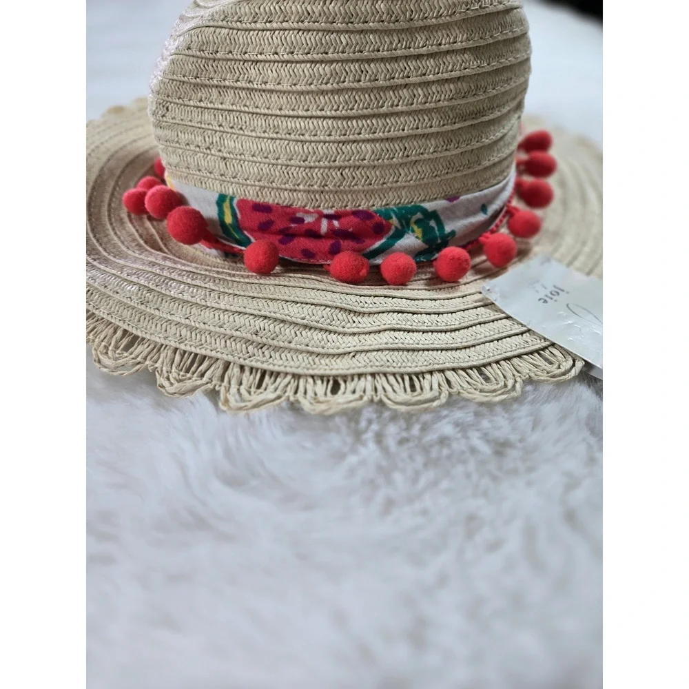Joie Kids Straw Sun Beach Garden Hat Watermelon Print Pom Pom Scalloped Brim NEW